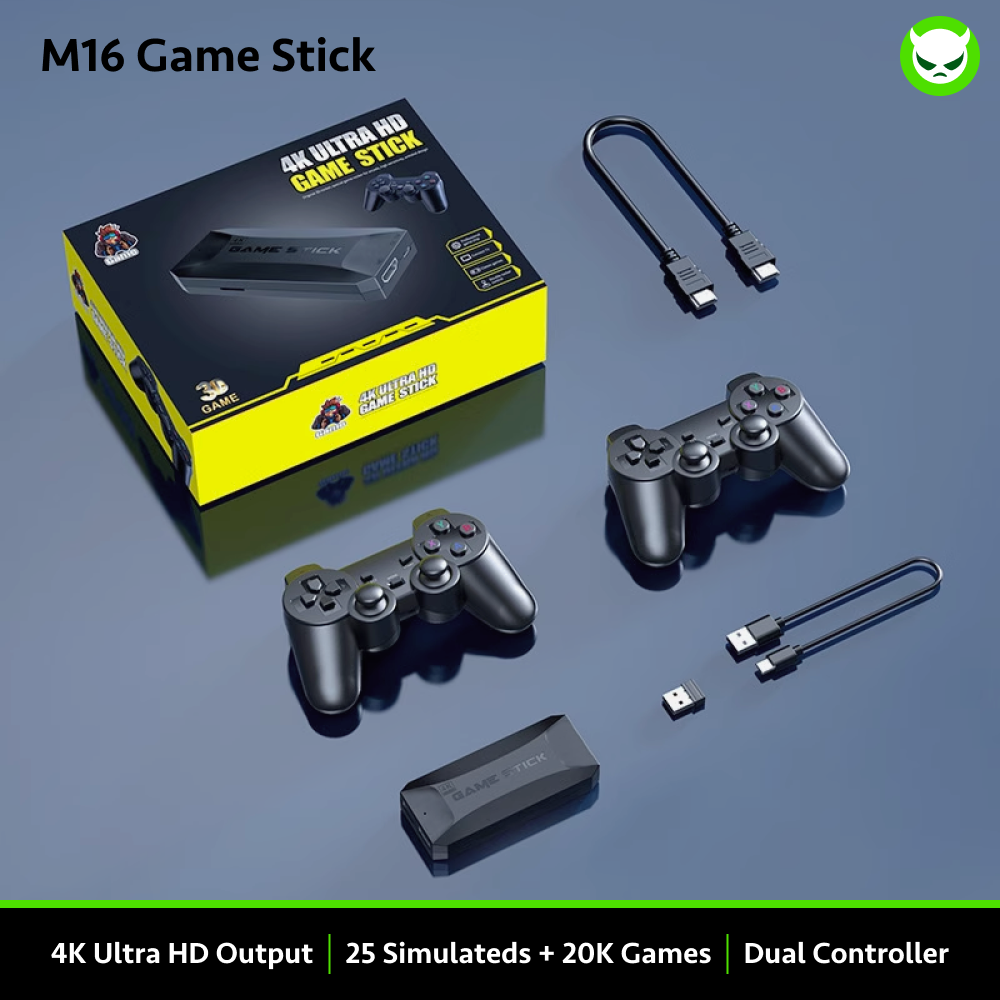 【Double Controllers/Bluetooth/4K HDMI/20000Games/PS1】M16 Game Stick【Buy 1 Get 2 Controllers+1 Bluetooth Connector+1 HDMI Cable+1 USB Cable】4K HDMI Output 2.4G Wireless Controller Game Stick Over 25+ Emulators with 20,000 Classic Retro Games Pre-installed