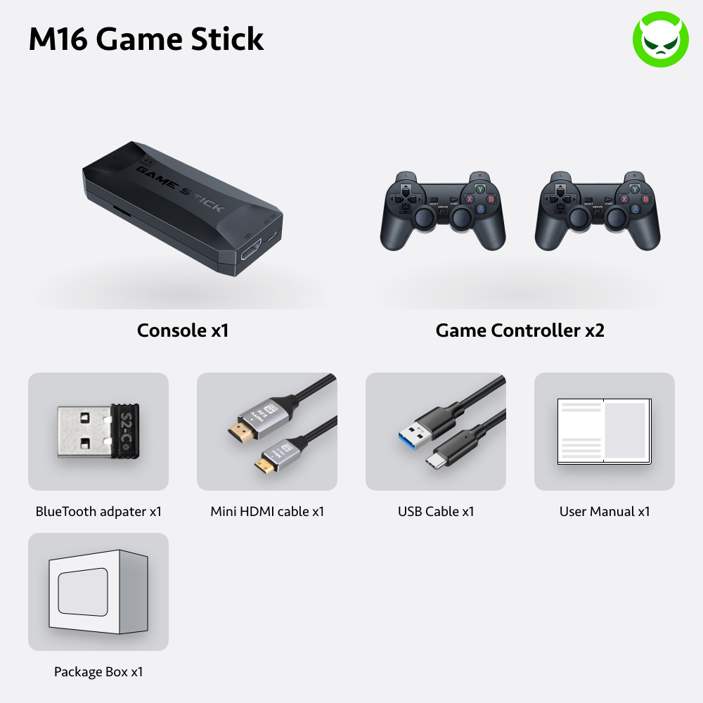 【Double Controllers/Bluetooth/4K HDMI/20000Games/PS1】M16 Game Stick【Buy 1 Get 2 Controllers+1 Bluetooth Connector+1 HDMI Cable+1 USB Cable】4K HDMI Output 2.4G Wireless Controller Game Stick Over 25+ Emulators with 20,000 Classic Retro Games Pre-installed
