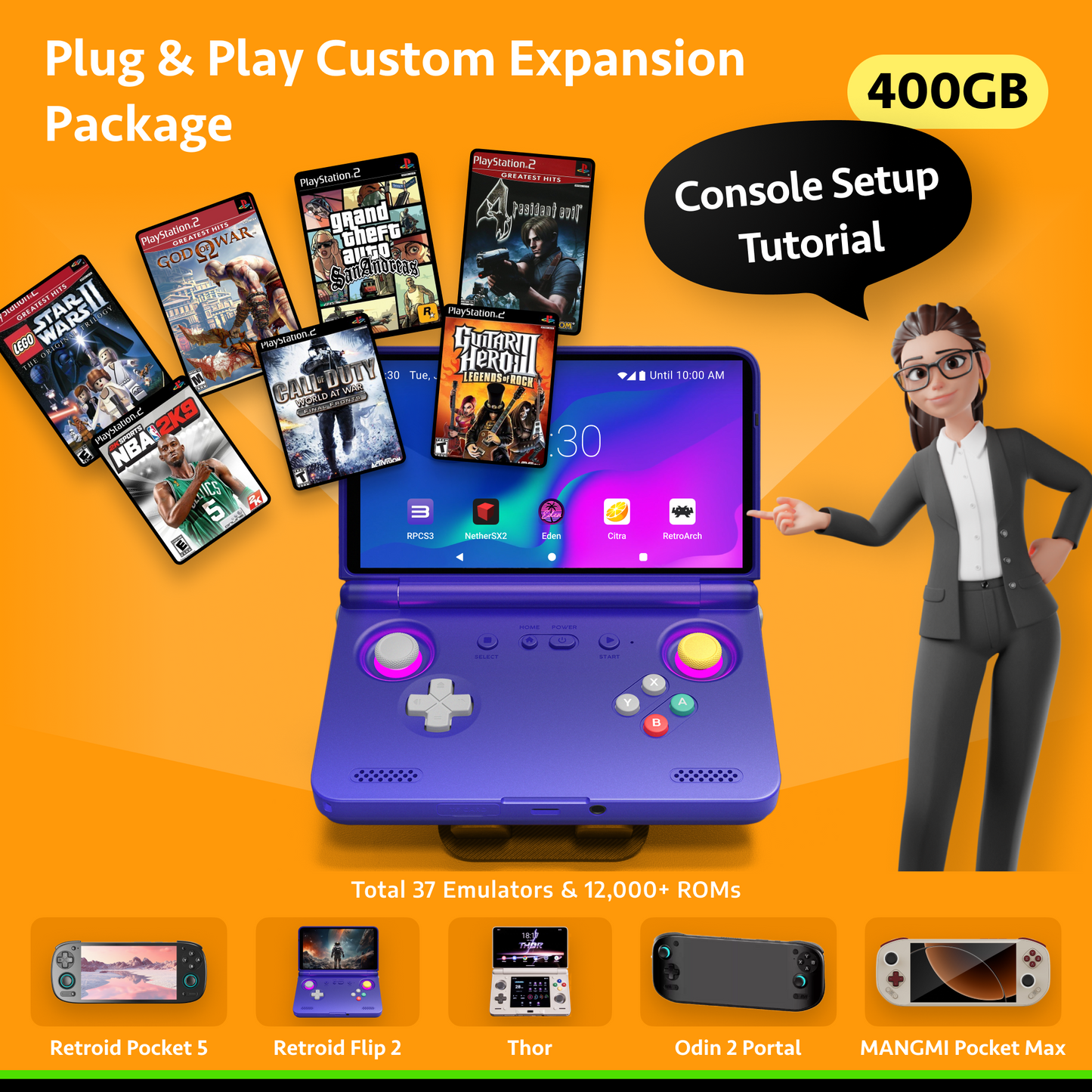 Plug & Play Custom Expansion Package (vorkonfiguriertes System) für Retroid Pocket Flip 2 & RP5 & MANGMI Pocket Max (keine Konsole)